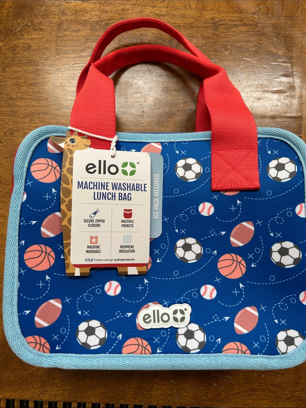 Ello Kids Blue Sports Print Machine-Washable Lunch Bag with Red Handles